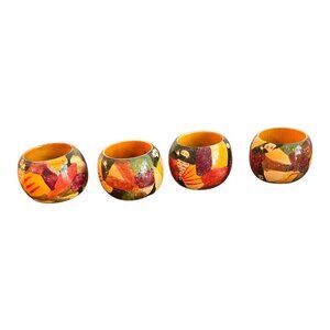 Hand-Painted Wood Napkin Rings Set Of 4 By Simplex Int. 2" Dia.  Made In India